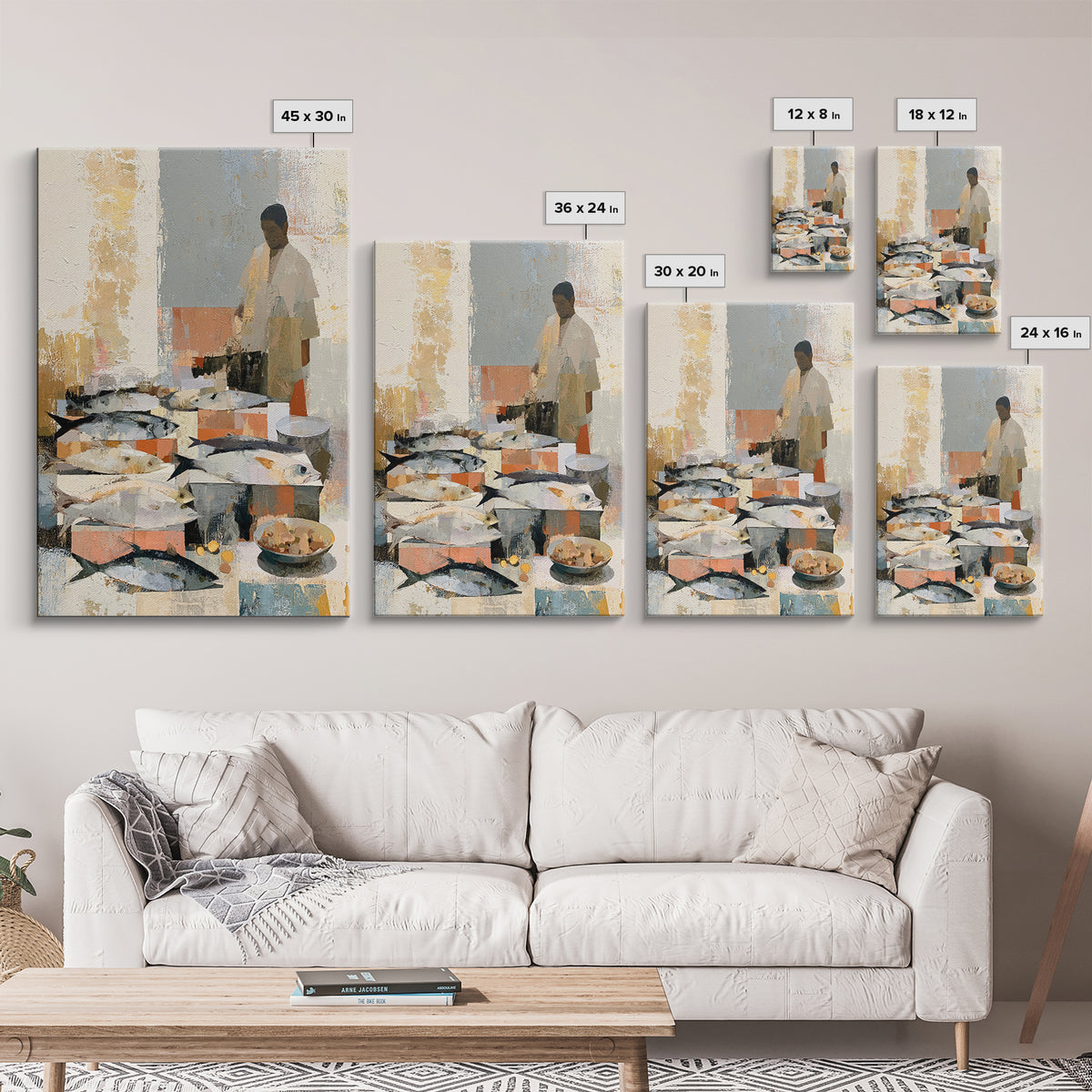 Fish Market Scene Framed Canvas Print, Expressionist Art, Minimalist Decor, Living Room Decor, Fine Art, Expression, EXP-2x3-6