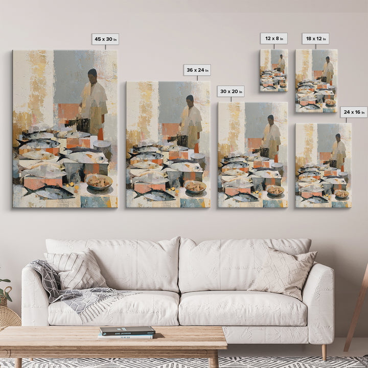 Fish Market Scene Framed Canvas Print, Expressionist Art, Minimalist Decor, Living Room Decor, Fine Art, Expression, EXP-2x3-6
