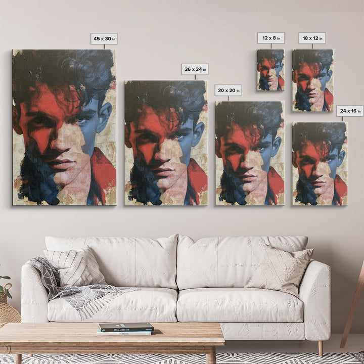 Emotional Portrait with Bold Red and Blue Canvas Print, Expressionist Art, Large Wall Art, Living Room Decor, Expression, EXP-2x3-82