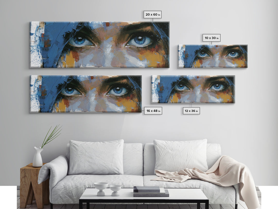 Woman in Blue with Dramatic Expressive Eyes Canvas Print, Expressionist Art, Colorful Wall Art, Living Room Decor, Expression, EXP-3x1-32