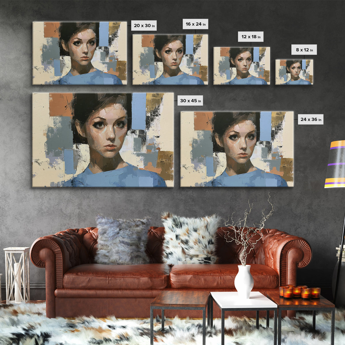 Woman in Blue with Dramatic Expressive Eyes Canvas Print, Expressionist Art, Colorful Wall Art, Living Room Decor, Expression, EXP-3x2-44