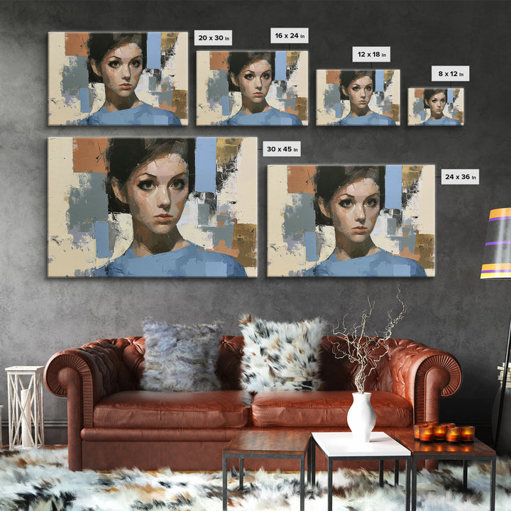 Woman in Blue with Dramatic Expressive Eyes Canvas Print, Expressionist Art, Colorful Wall Art, Living Room Decor, Expression, EXP-3x2-44