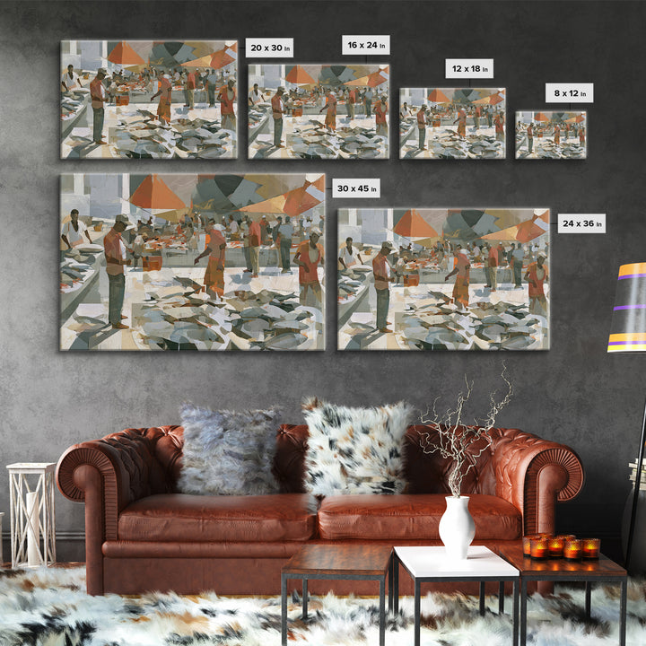 Fish Market Scene Framed Canvas Print, Expressionist Art, Modern Wall Art, Living Room Decor, Expression, Fine Art Print, EXP-3x2-50