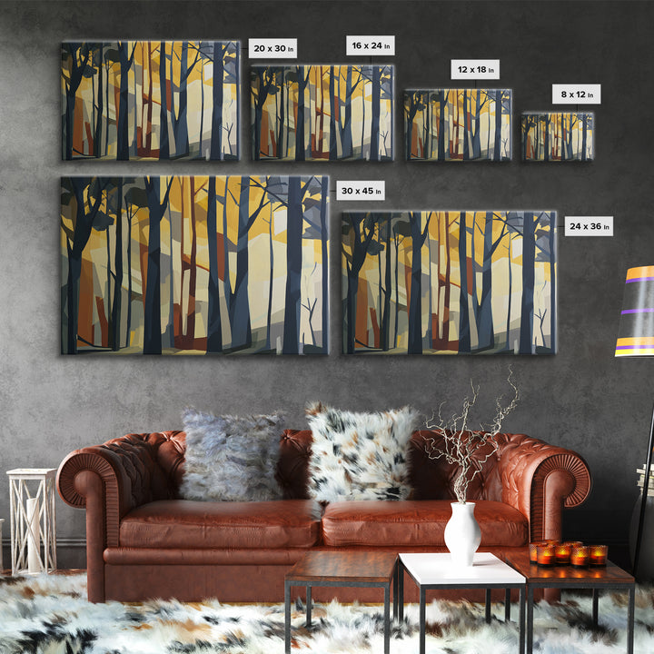 Dark Forest with Angular Trees and Yellow Canvas Print, Expressionist Art, Abstract Painting, Living Room Decor, Expression, EXP-3x2-58