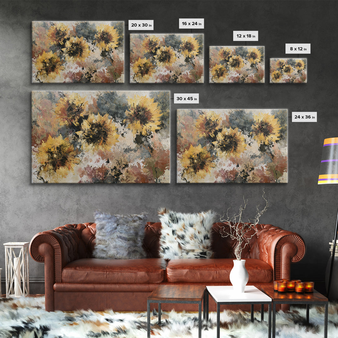 Sunflowers Twisting in Intense Painted Energy Canvas Print, Expressionist Art, Textured Painting, Living Room Decor, Expression, EXP-3x2-60