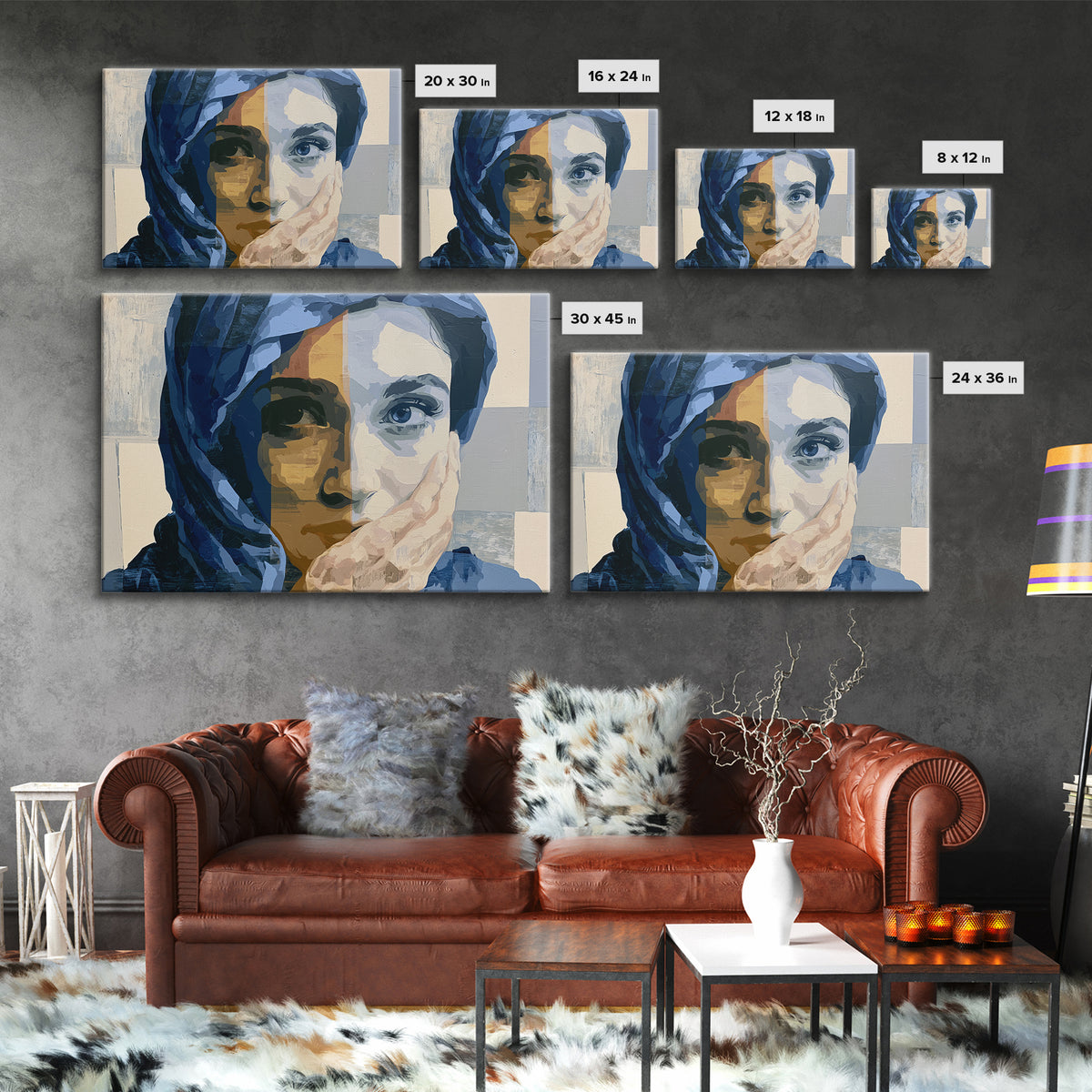 Woman in Blue with Dramatic Expressive Eyes Framed Canvas Print, Expressionist Art, Painting, Living Room Decor, Expression, EXP-3x2-92