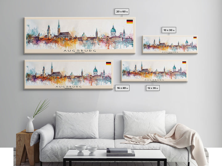 Augsburg Germany Panoramic Travel Poster, Framed Canvas Print or Metal Wall Art, Travel Art, Home Decor, Panoramic Painting, Midcentury Art