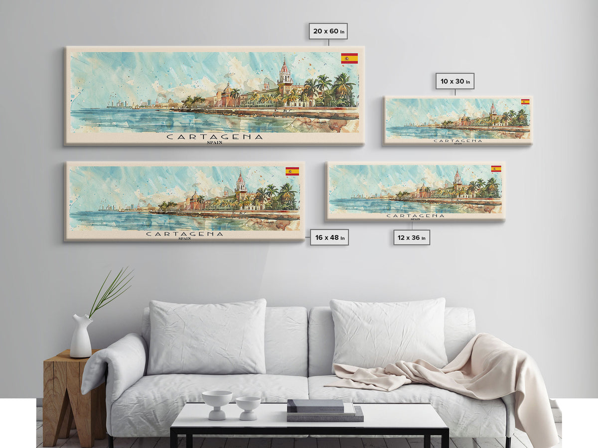 Cartagena Spain Panoramic Travel Poster, Framed Canvas Print or Metal Wall Art, Travel Art, Home Decor, Panoramic Painting, Midcentury Art
