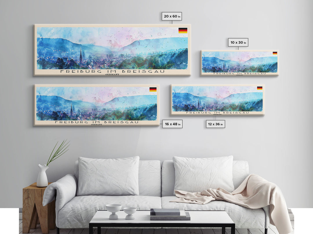 Freiburg Germany Panoramic Travel Poster, Framed Canvas Print or Metal Wall Art, Travel Art, Home Decor, Panoramic Painting, Midcentury Art