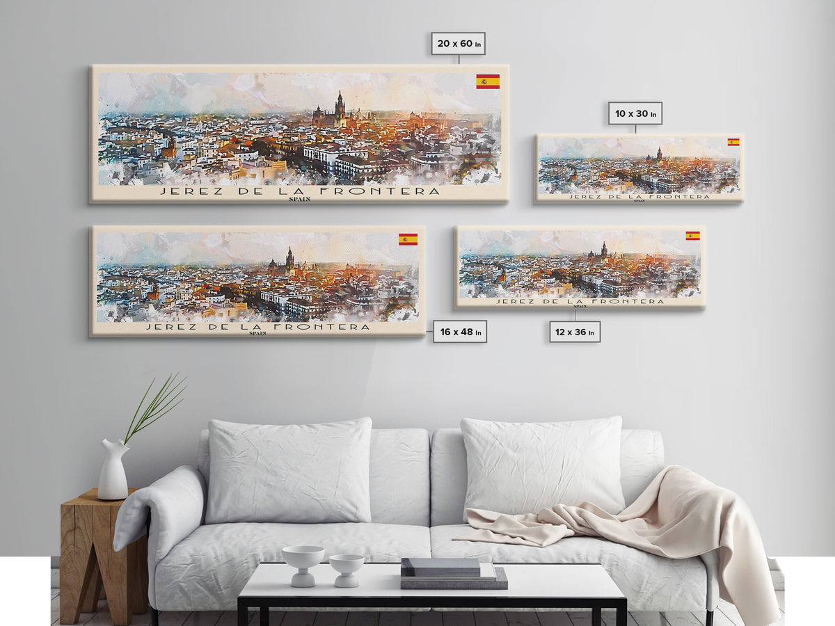 Jerez D eLa Frontera Spain Panoramic Travel Poster, Framed Canvas Print or Metal Wall Art, Travel Art, Home Decor, Panoramic Painting, Midcentury Art