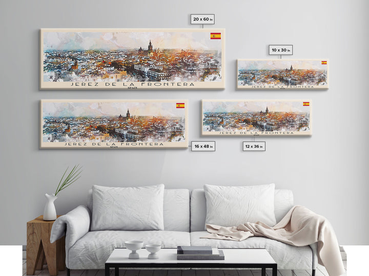 Jerez D eLa Frontera Spain Panoramic Travel Poster, Framed Canvas Print or Metal Wall Art, Travel Art, Home Decor, Panoramic Painting, Midcentury Art