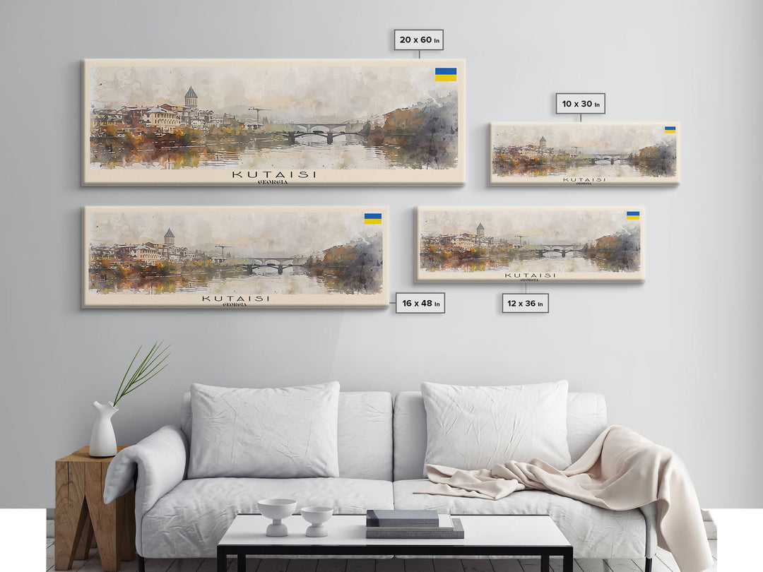 Kutaisi Georgia Panoramic Travel Poster, Framed Canvas Print or Metal Wall Art, Travel Art, Home Decor, Panoramic Painting, Midcentury Art