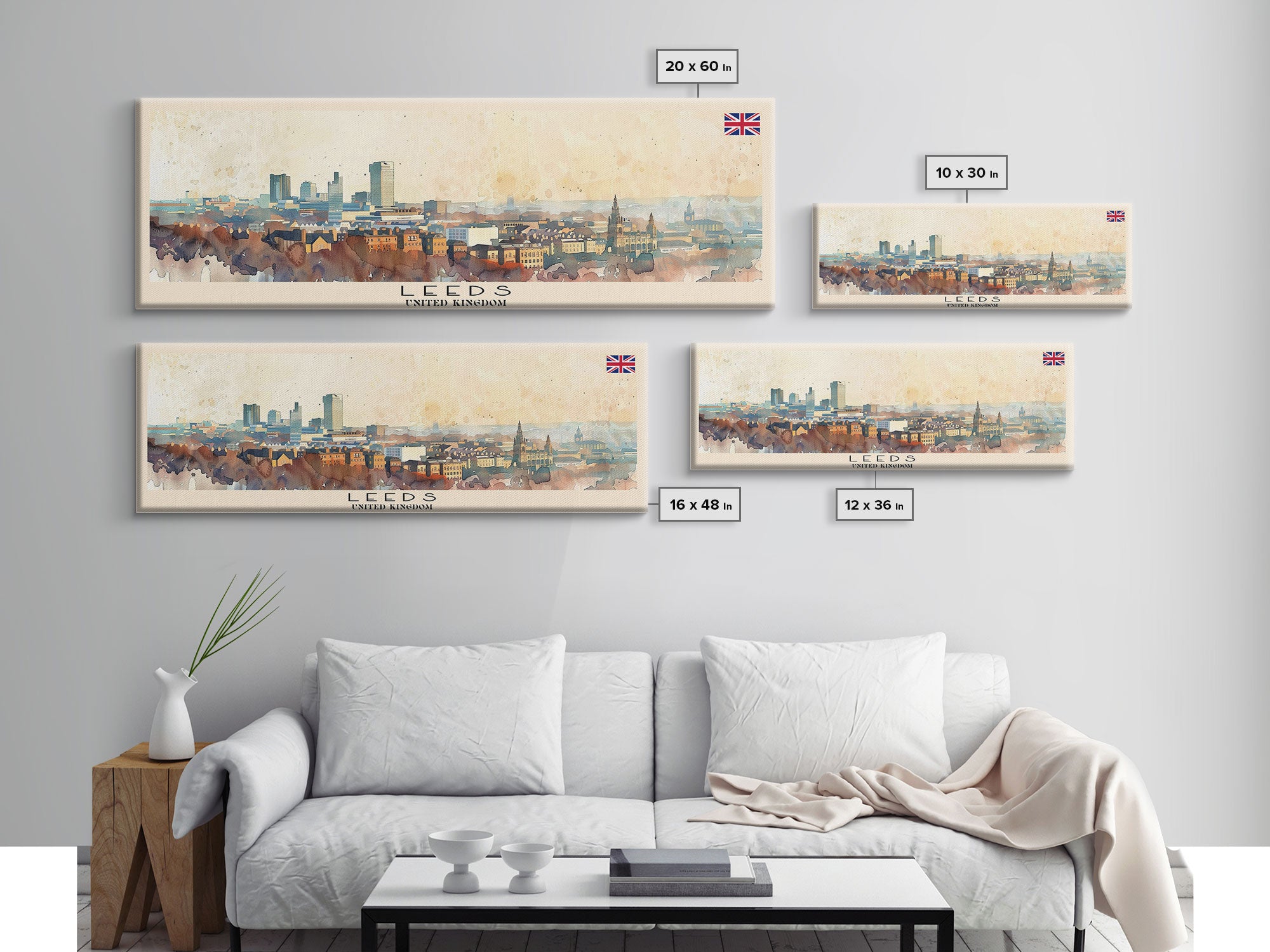 Leeds United Kingdom Panoramic Travel Poster, Framed Canvas Print or Metal Wall Art, Travel Art, Home Decor, Panoramic Painting, Midcentury Art
