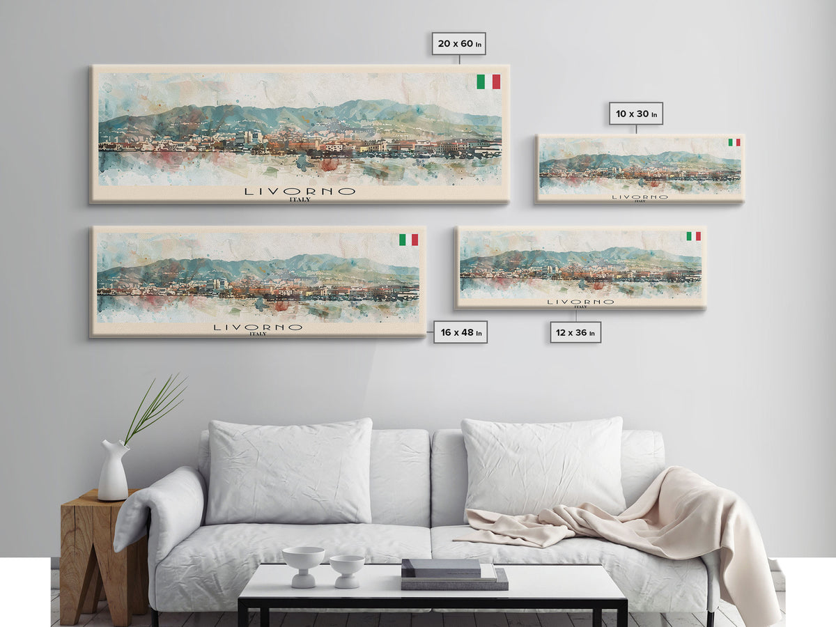 Livorno Italy Panoramic Travel Poster, Framed Canvas Print or Metal Wall Art, Travel Art, Home Decor, Panoramic Painting, Midcentury Art