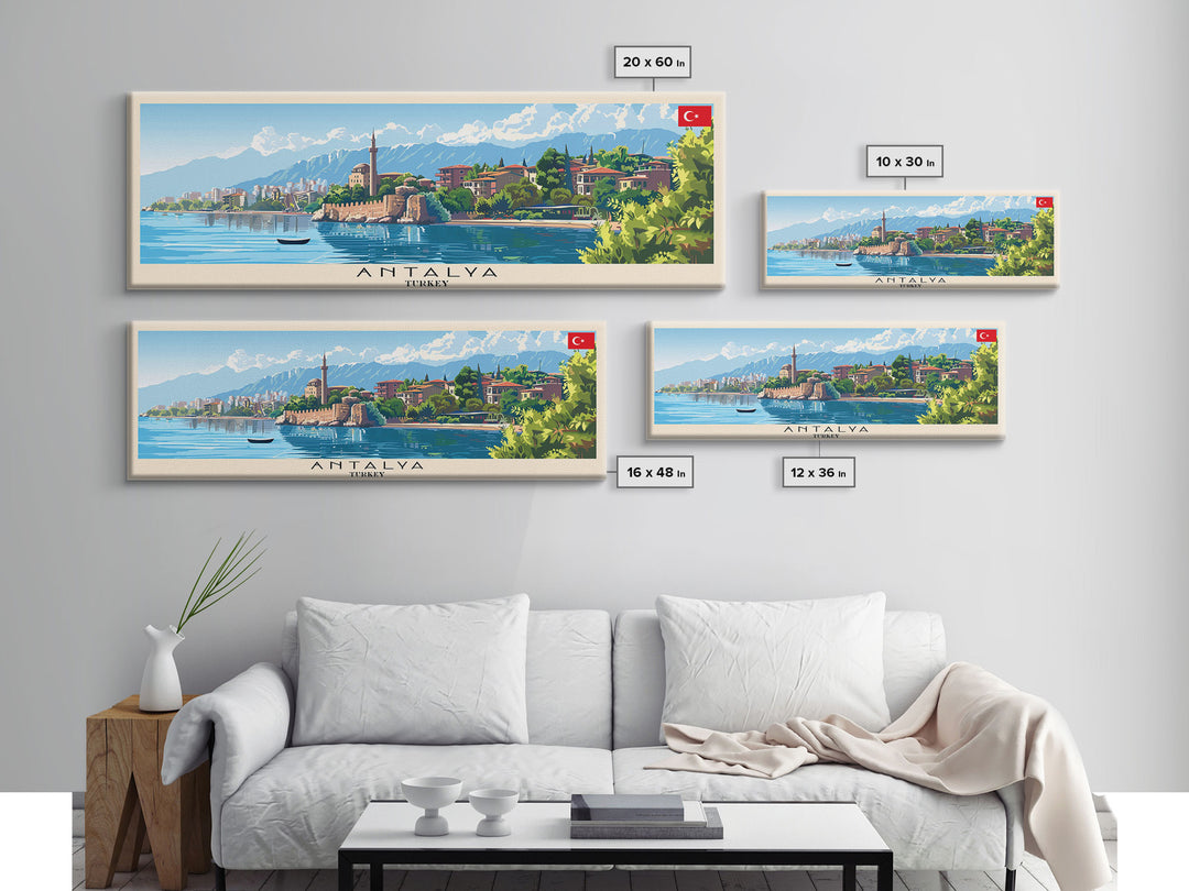 Antalya Turkey Panoramic Travel Poster, Framed Canvas Print or Metal Wall Art, Travel Art, Home Decor, Panoramic Painting, Midcentury Art