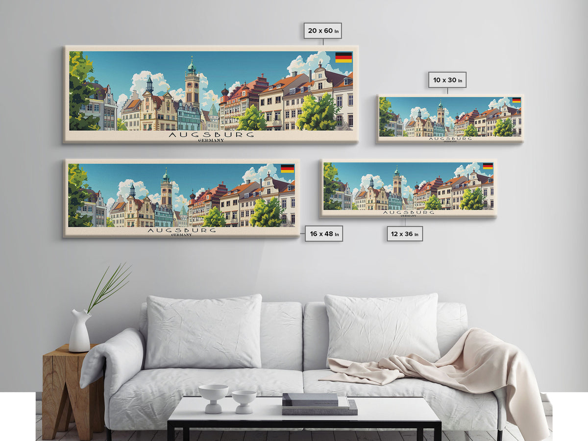 Augsburg Germany Panoramic Travel Poster, Framed Canvas Print or Metal Wall Art, Travel Art, Home Decor, Panoramic Painting, Midcentury Art