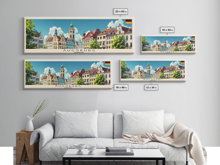 Augsburg Germany Panoramic Travel Poster, Framed Canvas Print or Metal Wall Art, Travel Art, Home Decor, Panoramic Painting, Midcentury Art