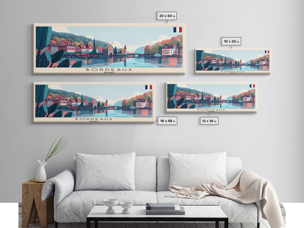 Bordeaux France Panoramic Travel Poster, Framed Canvas Print or Metal Wall Art, Travel Art, Home Decor, Panoramic Painting, Midcentury Art
