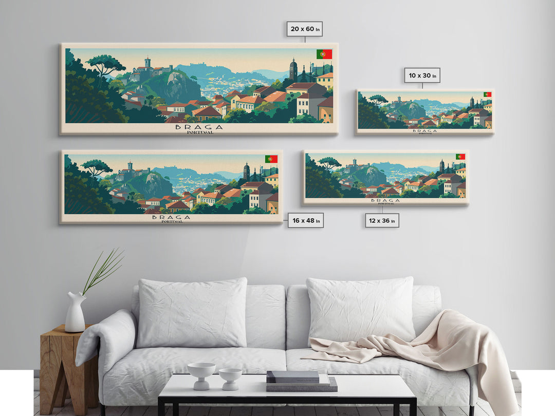 Braga Portugal Travel Art, City Art, Framed Canvas Print or Metal Wall Art, Europe Travel Poster, Panoramic Wall Art, Extra Wide Wall Art