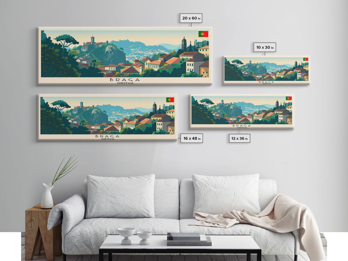 Braga Portugal Travel Art, City Art, Framed Canvas Print or Metal Wall Art, Europe Travel Poster, Panoramic Wall Art, Extra Wide Wall Art