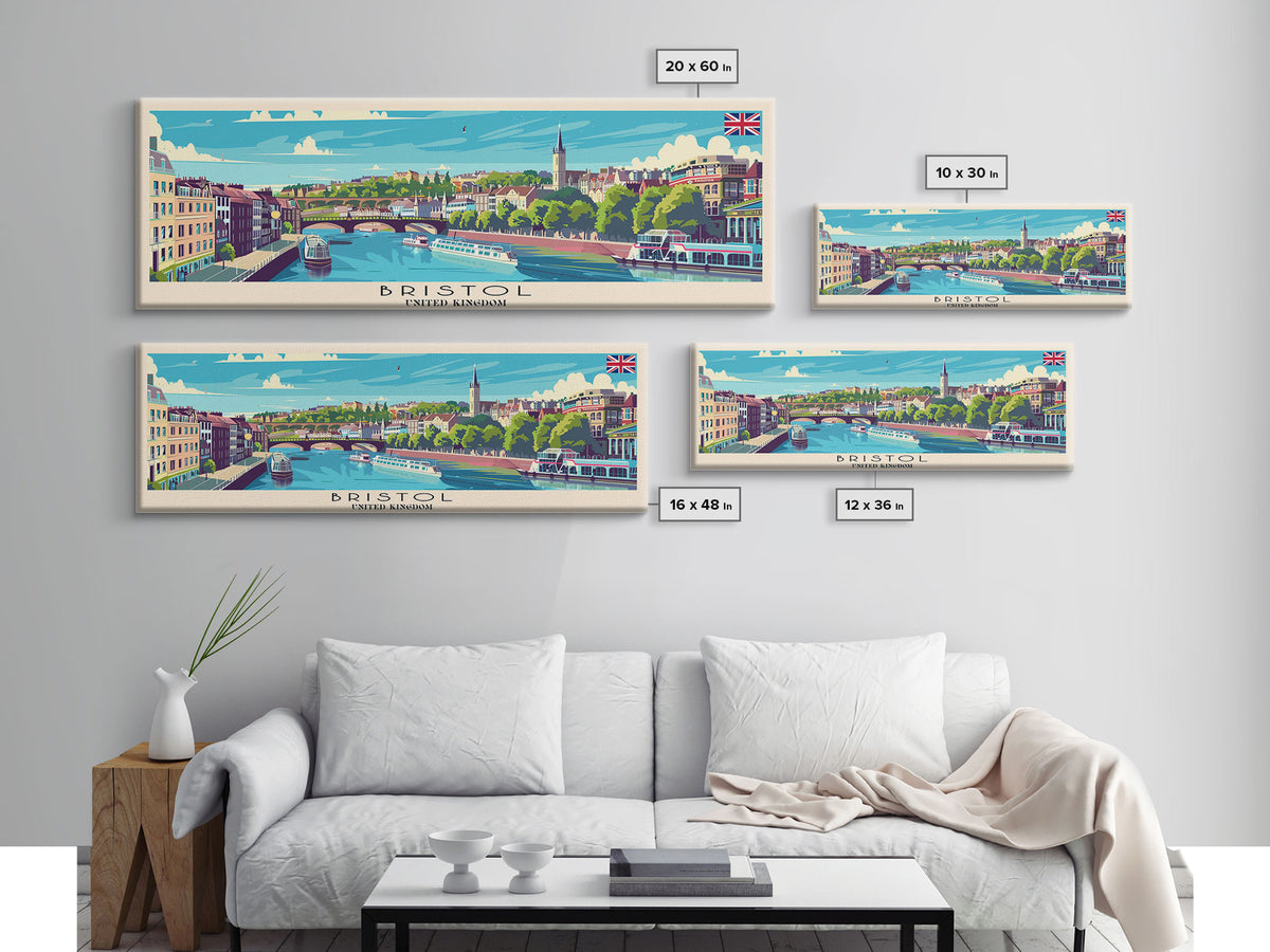 Bristol United Kingdom Panoramic Travel Poster, Framed Canvas Print or Metal Wall Art, Travel Art, Home Decor, Panoramic Painting, Midcentury Art