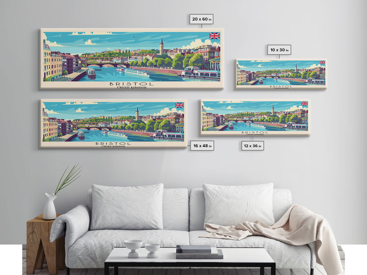 Bristol United Kingdom Panoramic Travel Poster, Framed Canvas Print or Metal Wall Art, Travel Art, Home Decor, Panoramic Painting, Midcentury Art