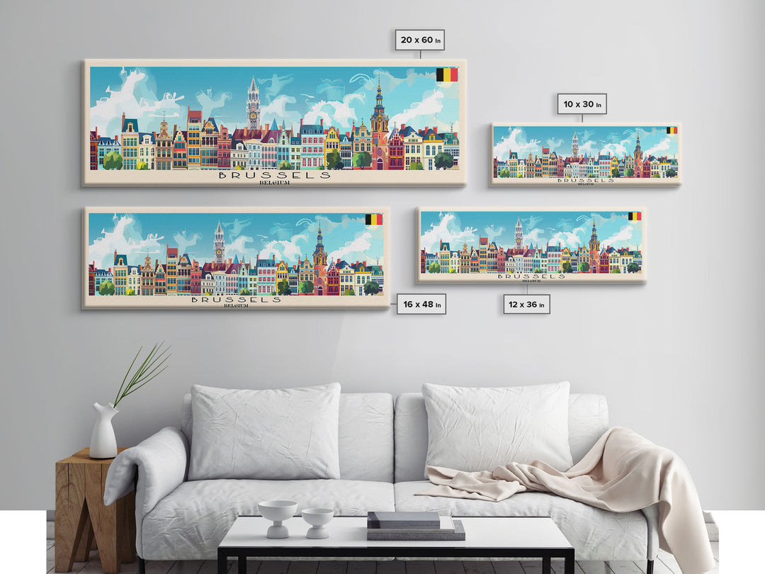 Brussels Belgium Panoramic Travel Poster, Framed Canvas Print or Metal Wall Art, Travel Art, Home Decor, Panoramic Painting, Midcentury Art