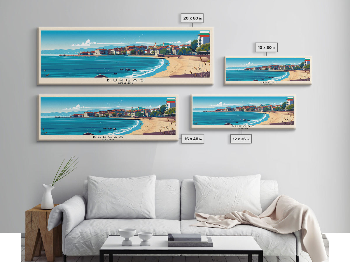Burgas Bulgaria Panoramic Travel Poster, Framed Canvas Print or Metal Wall Art, Travel Art, Home Decor, Panoramic Painting, Midcentury Art