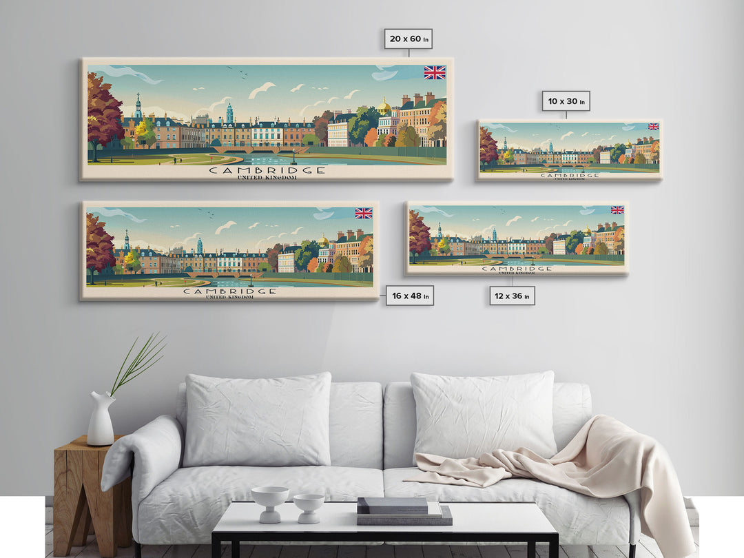 Cambridge United Kingdom Travel Print Wall Art, Panoramic City Art, Travel Art, Wall Decor, Vacation Gift, Framed Canvas Print Or Metal Art