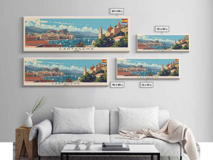 Cartagena Spain Panoramic Travel Poster, Framed Canvas Print or Metal Wall Art, Travel Art, Home Decor, Panoramic Painting, Midcentury Art