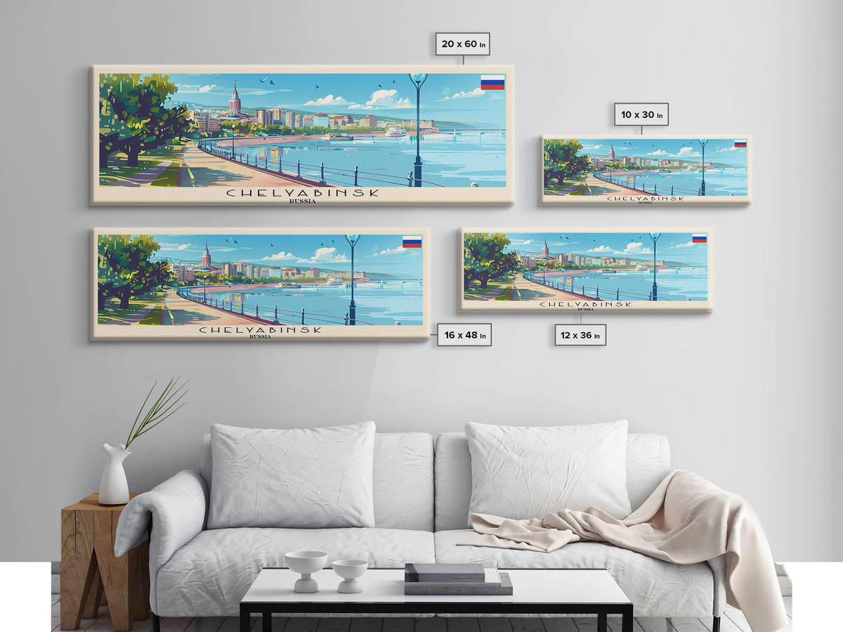 Chelyabinsk Russia Panoramic Travel Poster, Framed Canvas Print or Metal Wall Art, Travel Art, Home Decor, Panoramic Painting, Midcentury Art