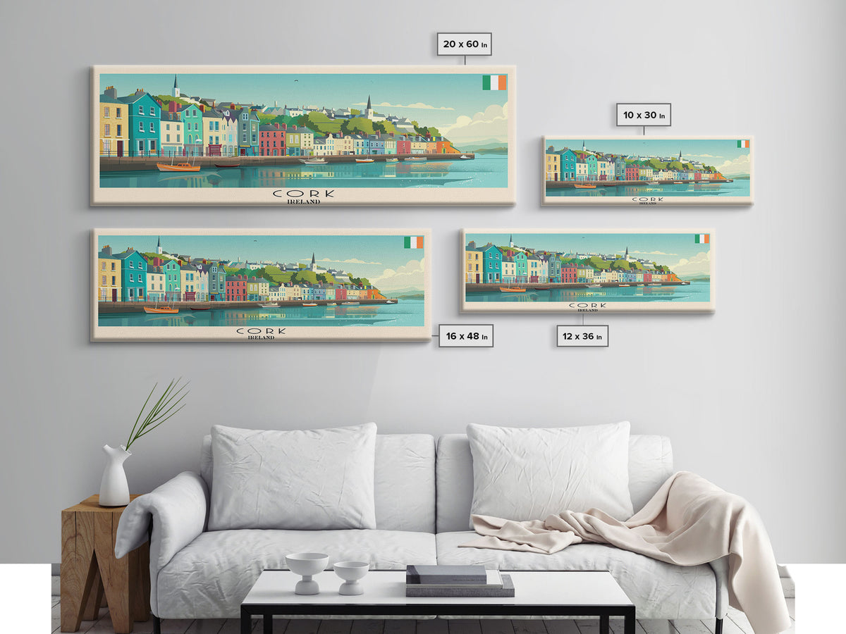 Cork Ireland Panoramic Travel Poster, Framed Canvas Print or Metal Wall Art, Travel Art, Home Decor, Panoramic Painting, Midcentury Art