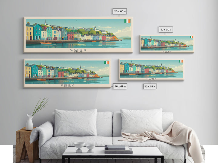 Cork Ireland Panoramic Travel Poster, Framed Canvas Print or Metal Wall Art, Travel Art, Home Decor, Panoramic Painting, Midcentury Art