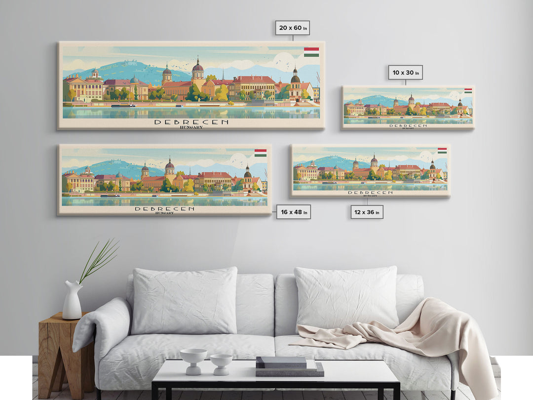 Debrecen Hungary Panoramic Travel Poster, Framed Canvas Print or Metal Wall Art, Travel Art, Home Decor, Panoramic Painting, Midcentury Art