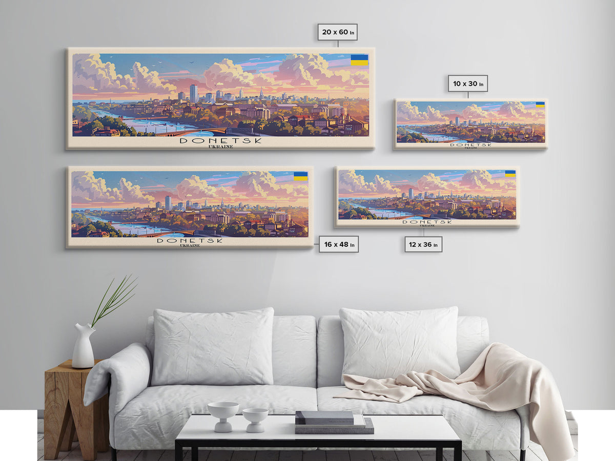 Donetsk Ukraine Panoramic Travel Poster, Framed Canvas Print or Metal Wall Art, Travel Art, Home Decor, Panoramic Painting, Midcentury Art