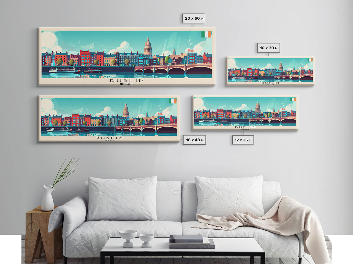 Dublin Ireland Panoramic Travel Poster, Framed Canvas Print or Metal Wall Art, Travel Art, Home Decor, Panoramic Painting, Midcentury Art