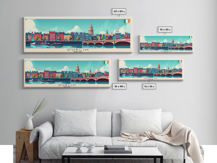Dublin Ireland Panoramic Travel Poster, Framed Canvas Print or Metal Wall Art, Travel Art, Home Decor, Panoramic Painting, Midcentury Art