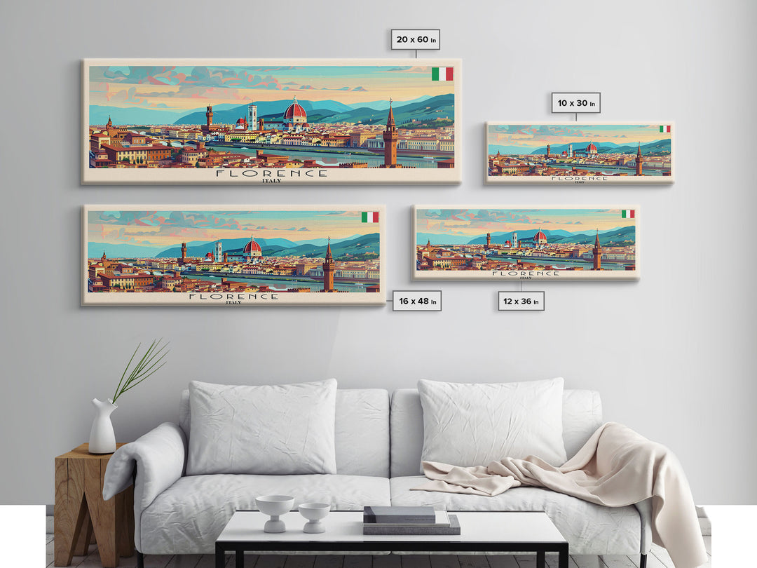 Florence Italy Panoramic Travel Poster, Framed Canvas Print or Metal Wall Art, Travel Art, Home Decor, Panoramic Painting, Midcentury Art
