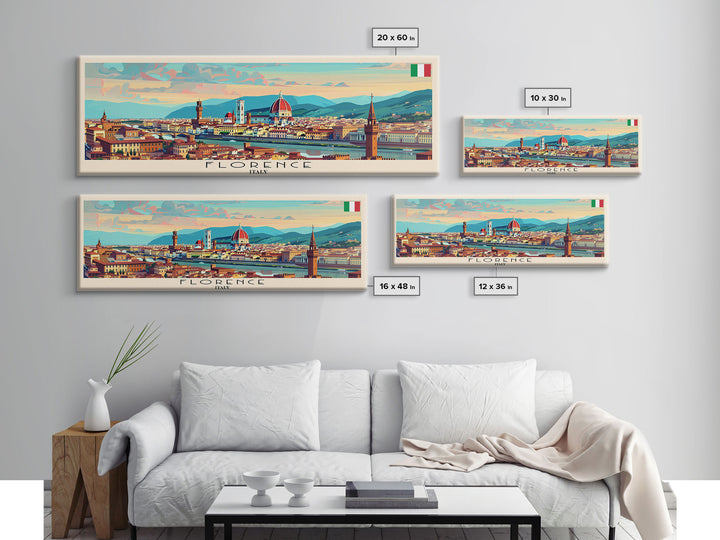Florence Italy Panoramic Travel Poster, Framed Canvas Print or Metal Wall Art, Travel Art, Home Decor, Panoramic Painting, Midcentury Art