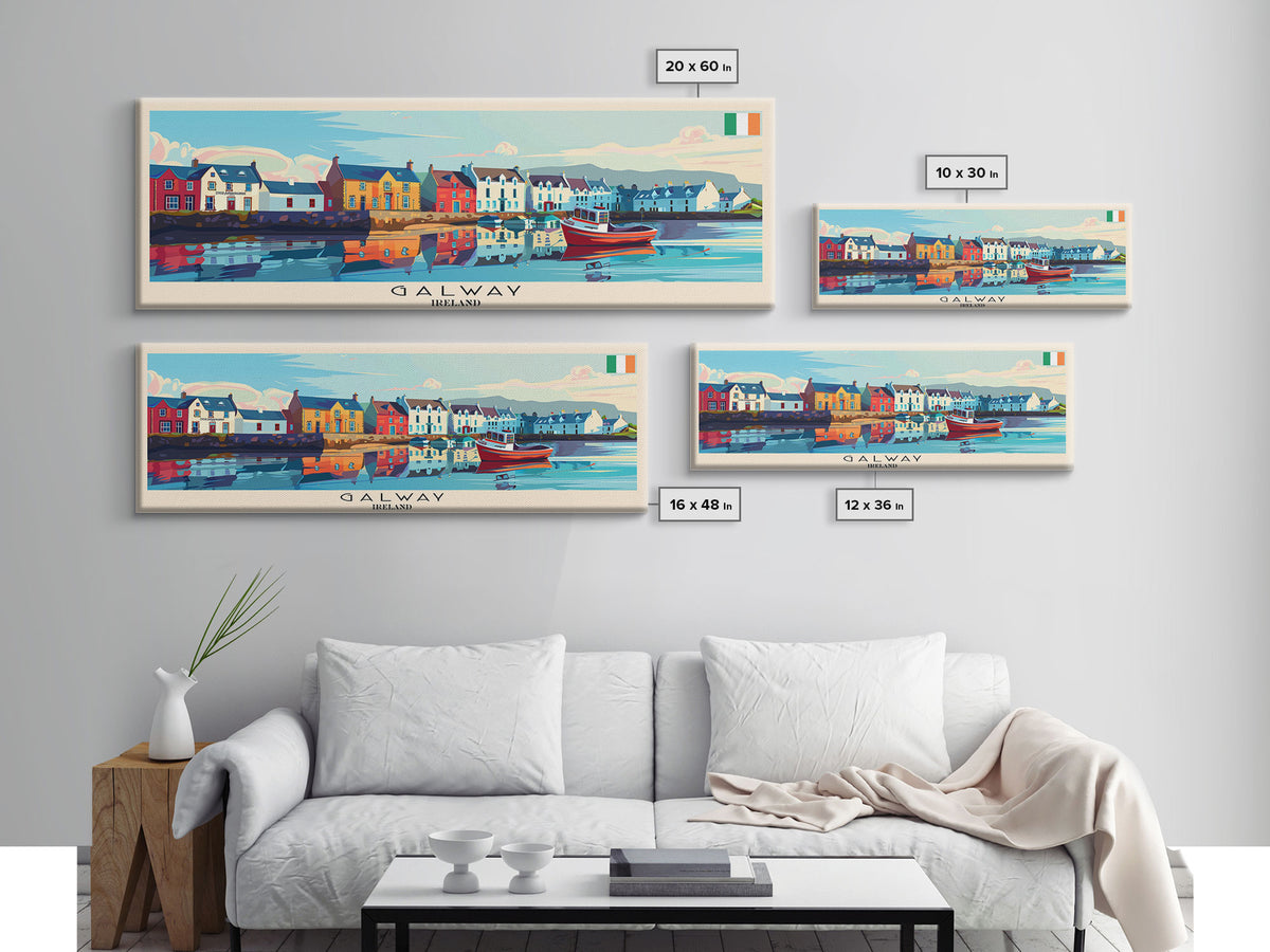 Galway Ireland Panoramic Travel Poster, Framed Canvas Print or Metal Wall Art, Travel Art, Home Decor, Panoramic Painting, Midcentury Art