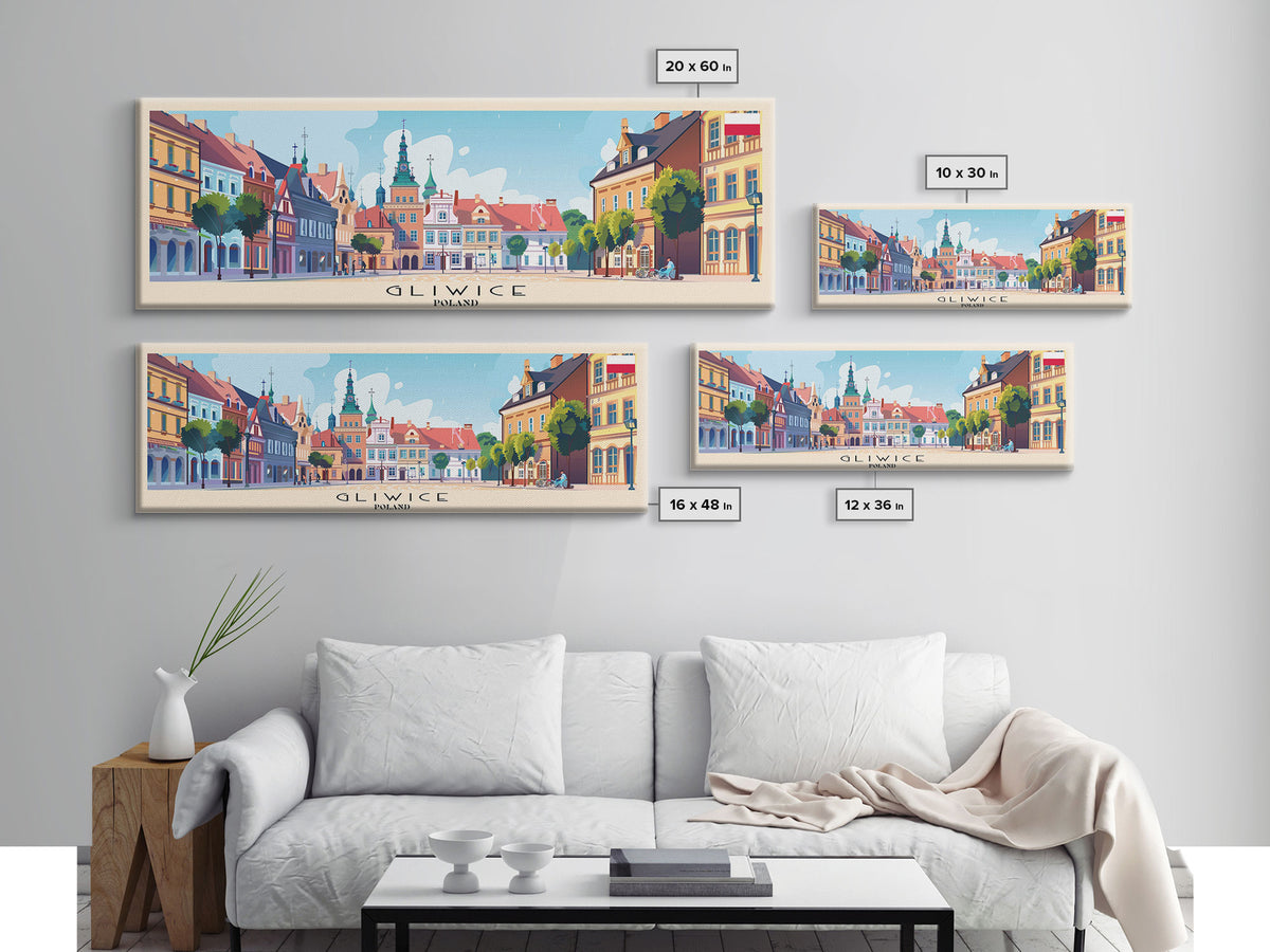 Gliwice Poland Panoramic Travel Poster, Framed Canvas Print or Metal Wall Art, Travel Art, Home Decor, Panoramic Painting, Midcentury Art