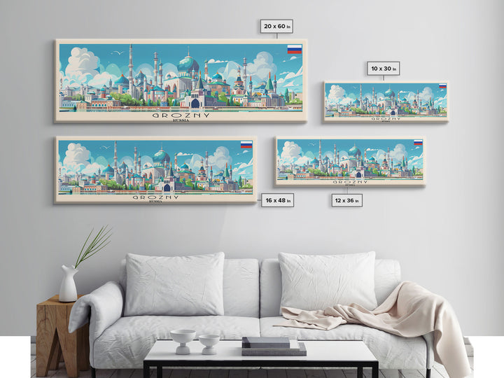 Grozny Russia Panoramic Travel Poster, Framed Canvas Print or Metal Wall Art, Travel Art, Home Decor, Panoramic Painting, Midcentury Art