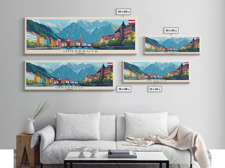Innsbruck Austria Panoramic Travel Poster, Framed Canvas Print or Metal Wall Art, Travel Art, Home Decor, Panoramic Painting, Midcentury Art