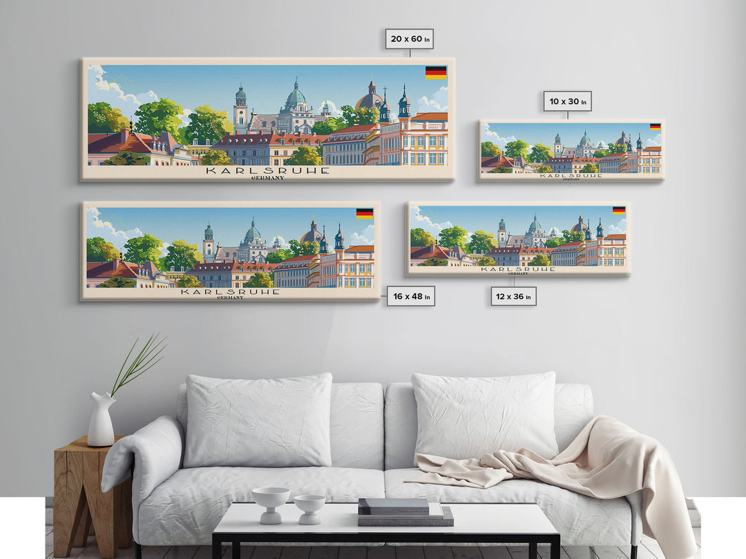 Karlsruhe Germany Panoramic Travel Poster, Framed Canvas Print or Metal Wall Art, Travel Art, Home Decor, Panoramic Painting, Midcentury Art