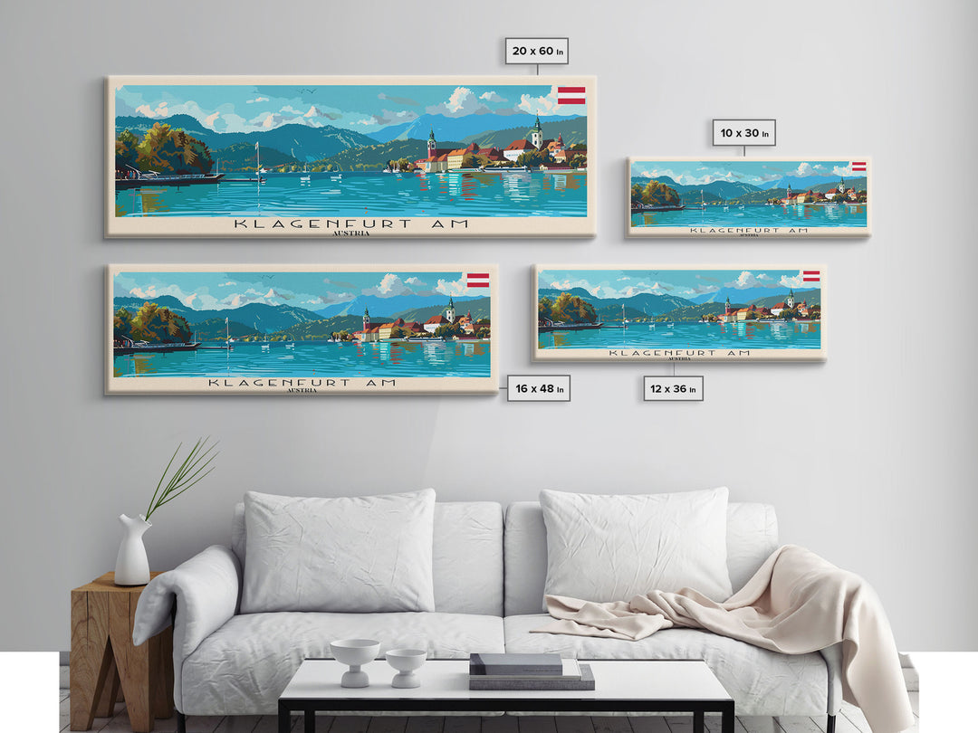 Klagenfurt Austria Panoramic Travel Poster, Framed Canvas Print or Metal Wall Art, Travel Art, Home Decor, Panoramic Painting, Midcentury Art