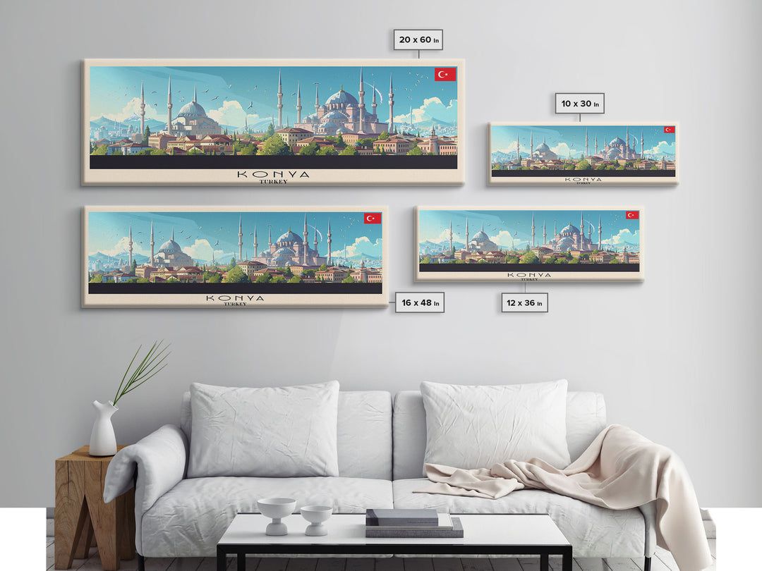 Konya Turkey Panoramic Travel Poster, Framed Canvas Print or Metal Wall Art, Travel Art, Home Decor, Panoramic Painting, Midcentury Art
