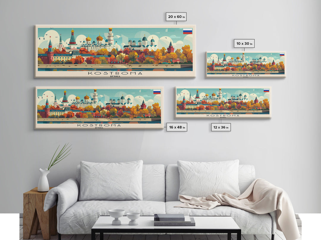 Kostroma Russia Panoramic Travel Poster, Framed Canvas Print or Metal Wall Art, Travel Art, Home Decor, Panoramic Painting, Midcentury Art