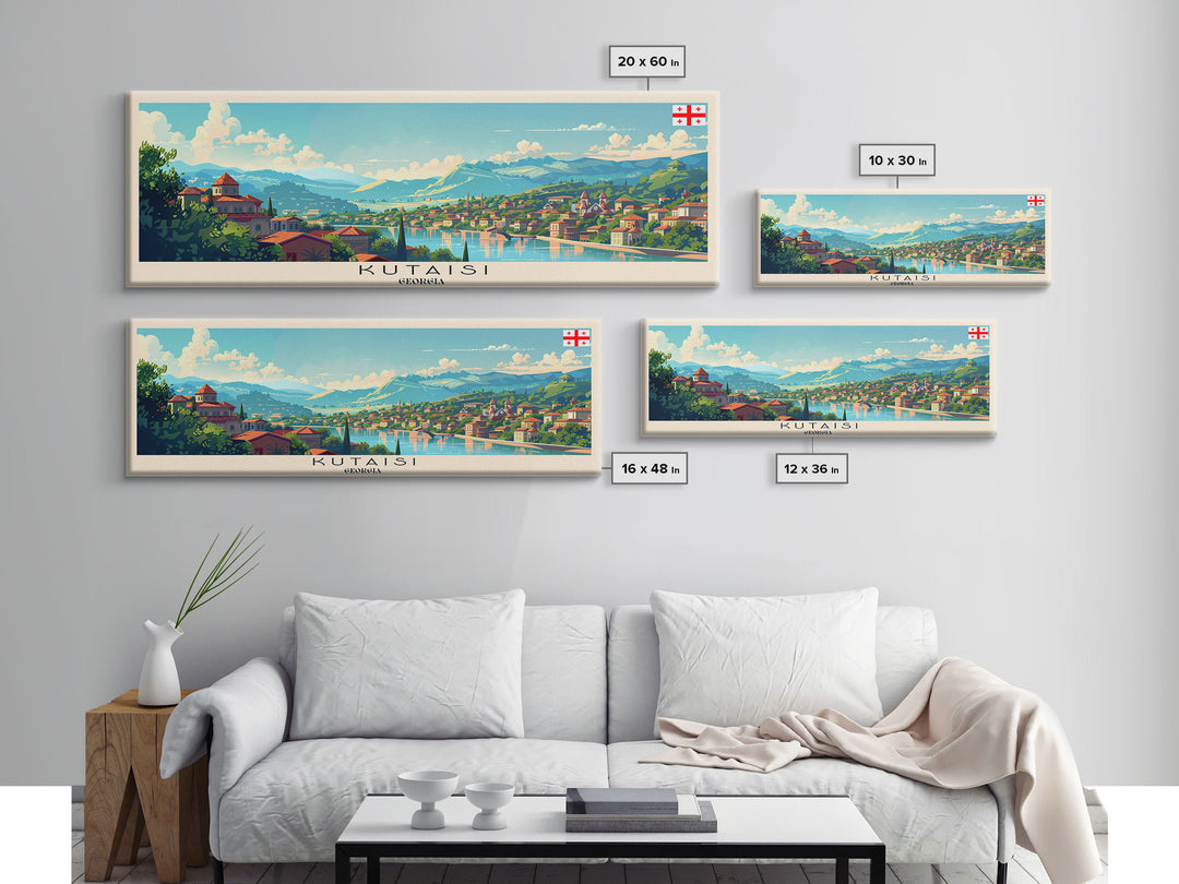 Kutaisi Georgia Panoramic Travel Poster, Framed Canvas Print or Metal Wall Art, Travel Art, Home Decor, Panoramic Painting, Midcentury Art