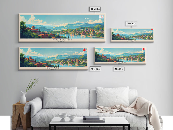 Kutaisi Georgia Panoramic Travel Poster, Framed Canvas Print or Metal Wall Art, Travel Art, Home Decor, Panoramic Painting, Midcentury Art
