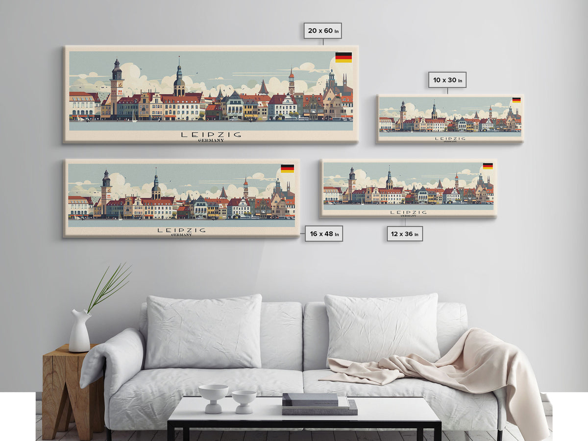 Leipzig Germany Panoramic Travel Poster, Framed Canvas Print or Metal Wall Art, Travel Art, Home Decor, Panoramic Painting, Midcentury Art